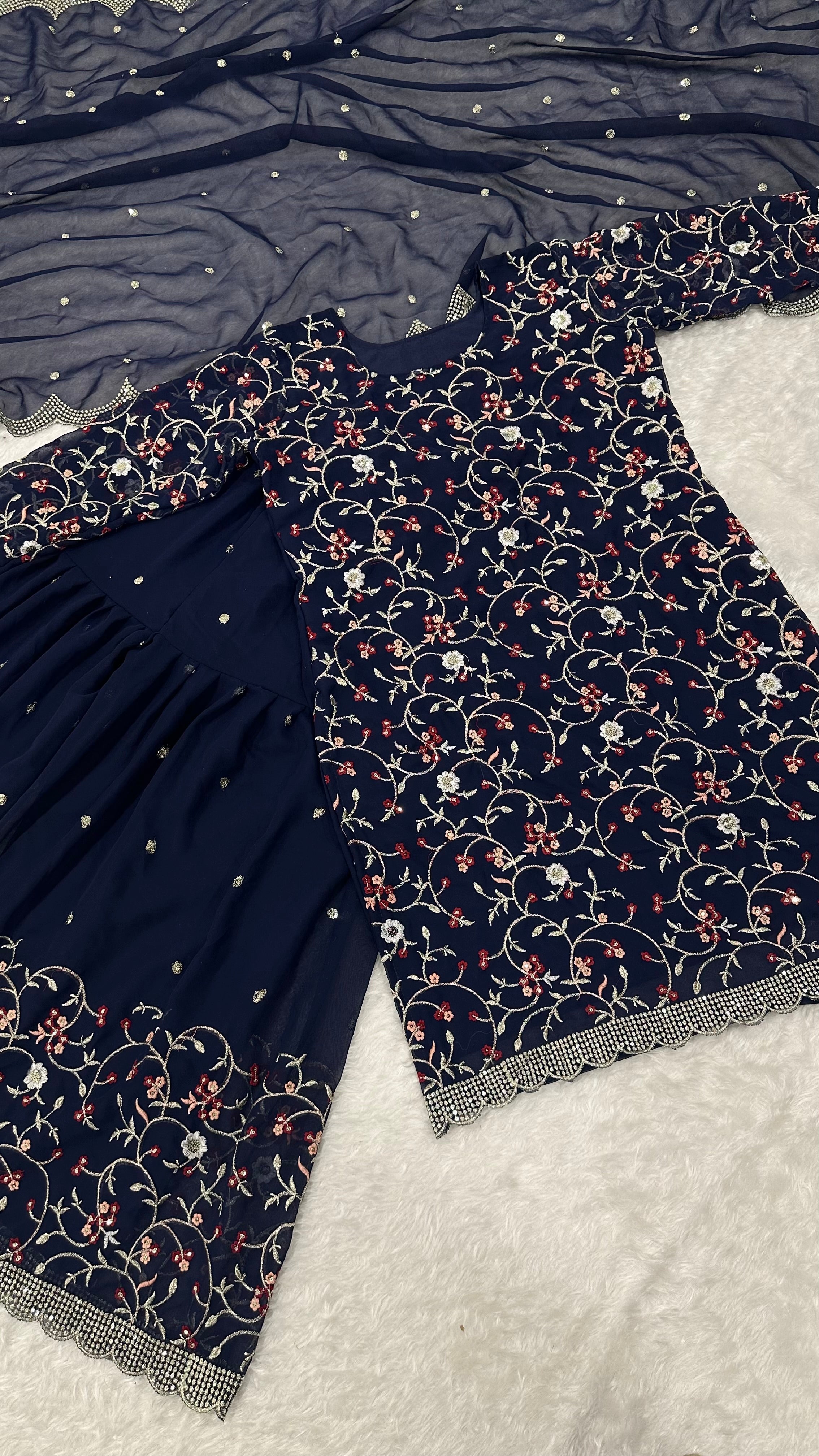 Divine Georgette Sequins Zari Thread Worked Top Sharara Suit - ETHNICDEAL