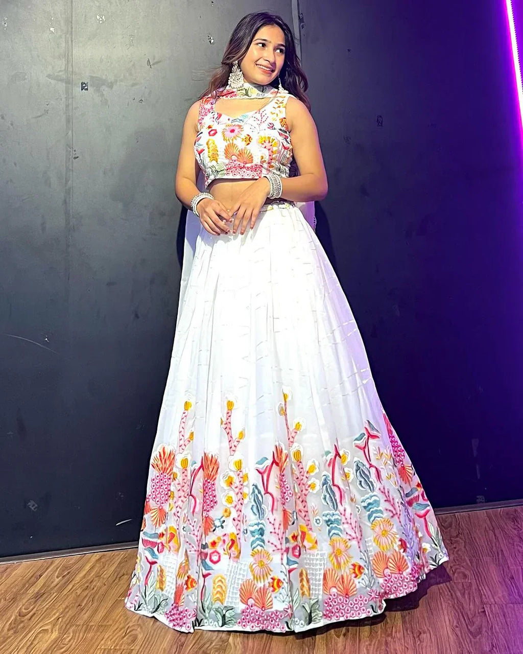 Exquisite White Floral Sequins Embroidered Lehenga Choli Set - Ethnicwish