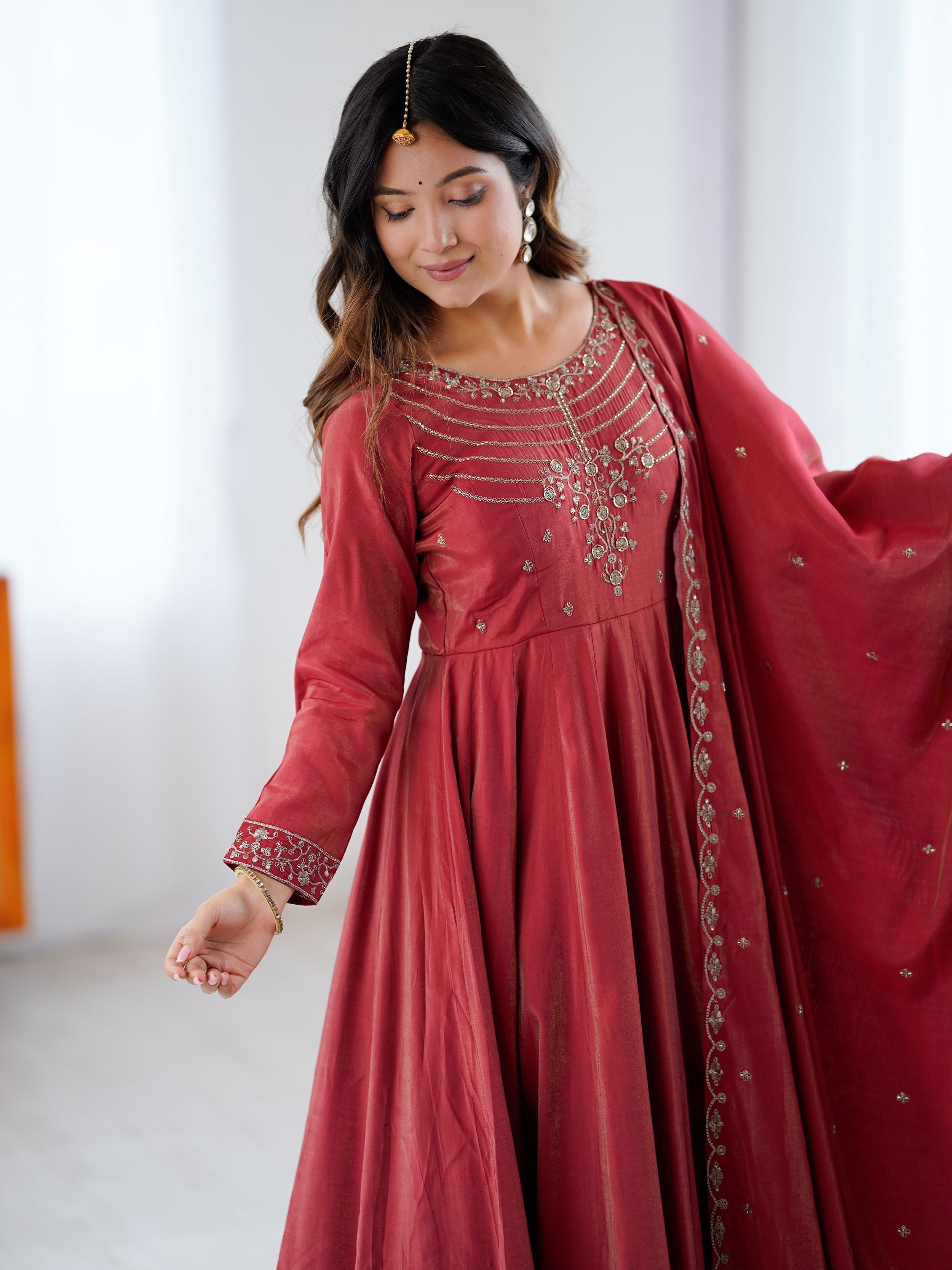 Timeless Maroon Chanderi Silk Embroidered Party Wear Anarkali Suit