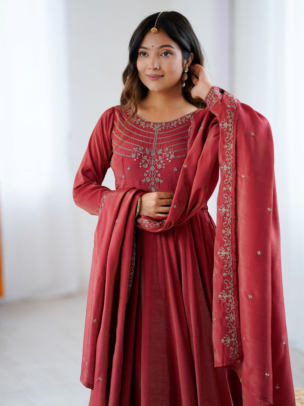 Timeless Maroon Chanderi Silk Embroidered Party Wear Anarkali Suit