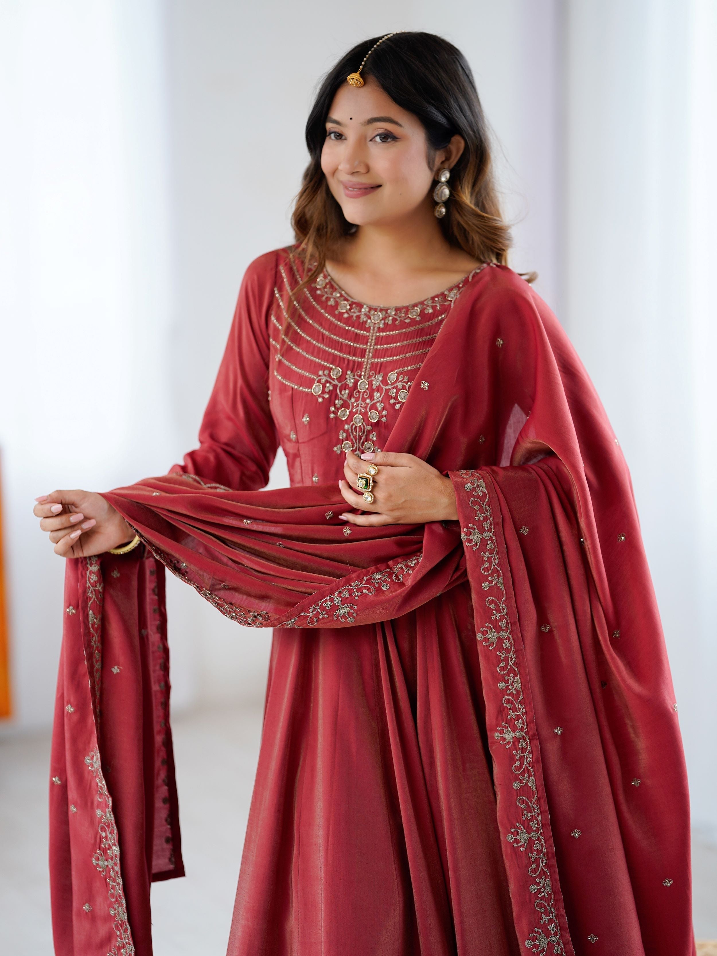 Timeless Maroon Chanderi Silk Embroidered Party Wear Anarkali Suit