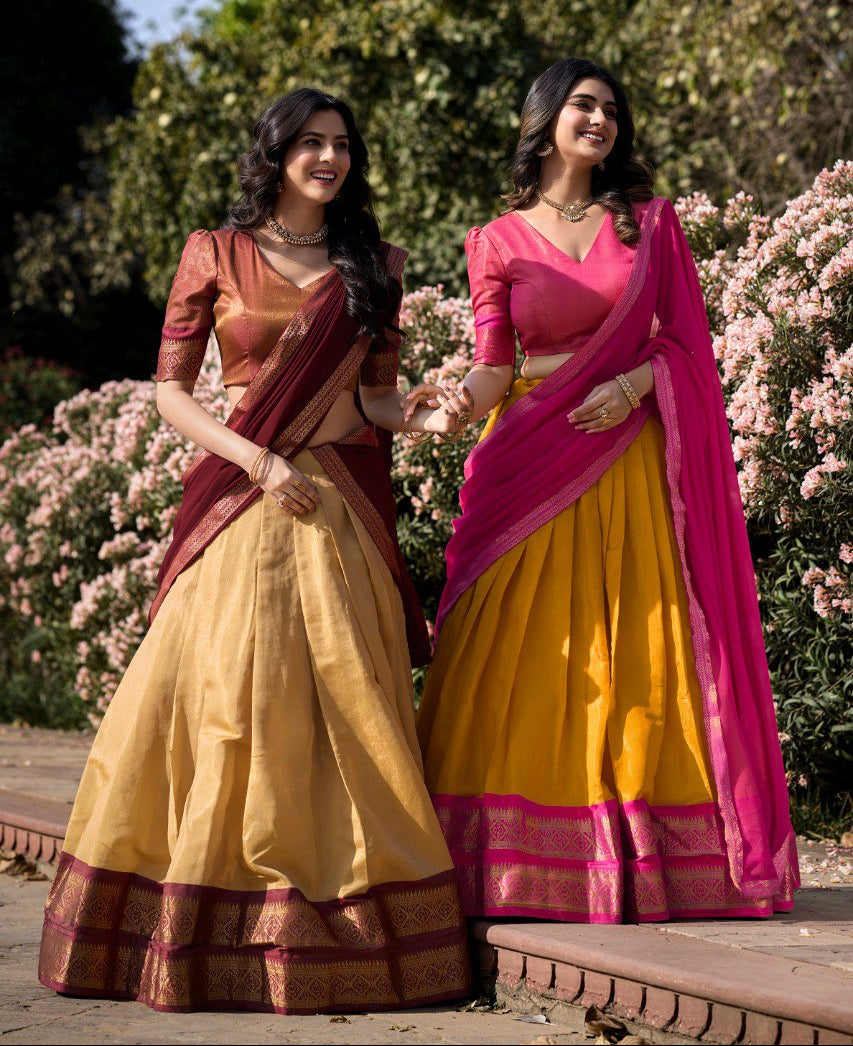 Entrancing Kanchipuram Silk Zari Weaving Worked Lehenga Choli - Ethnicwish