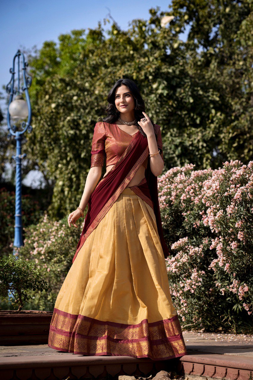 Entrancing Kanchipuram Silk Zari Weaving Worked Lehenga Choli - Ethnicwish