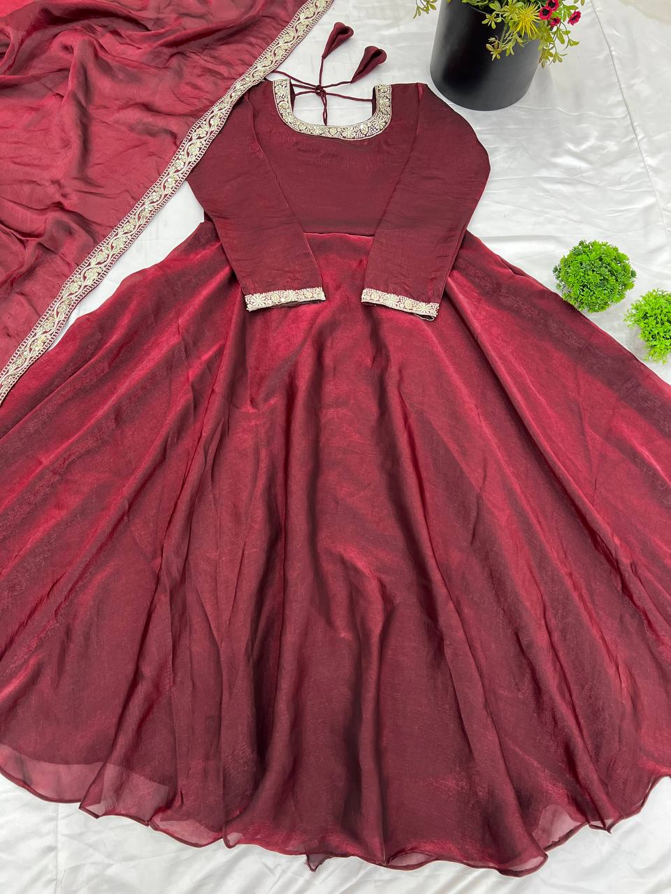 Gorgeous Fendi Silk Sequins Embroidered Fully Stitched Anarkali With Dupatta - ETHNICDEAL