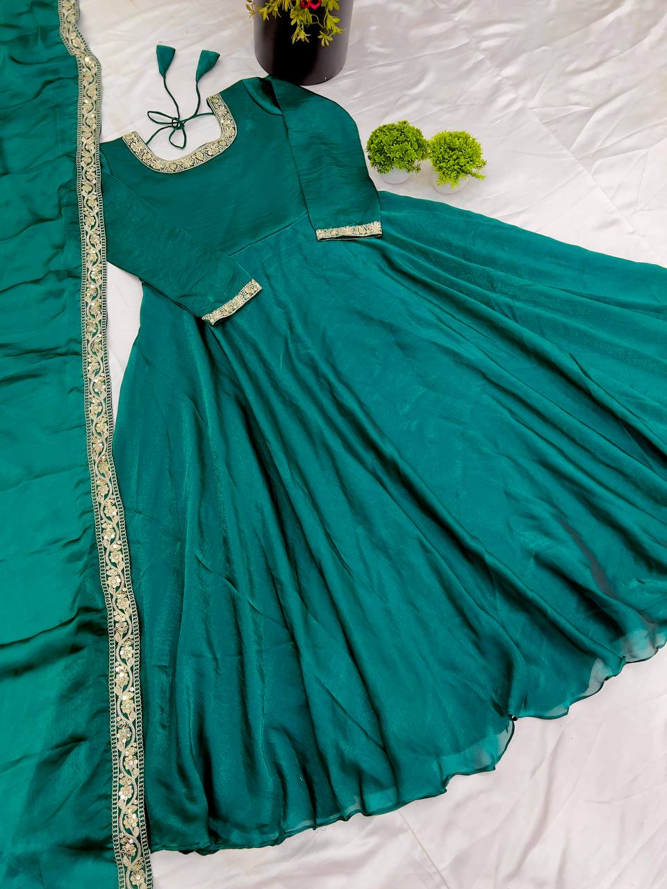 Gorgeous Fendi Silk Sequins Embroidered Fully Stitched Anarkali With Dupatta - ETHNICDEAL