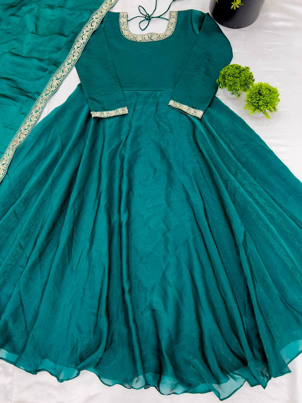 Gorgeous Fendi Silk Sequins Embroidered Fully Stitched Anarkali With Dupatta - ETHNICDEAL