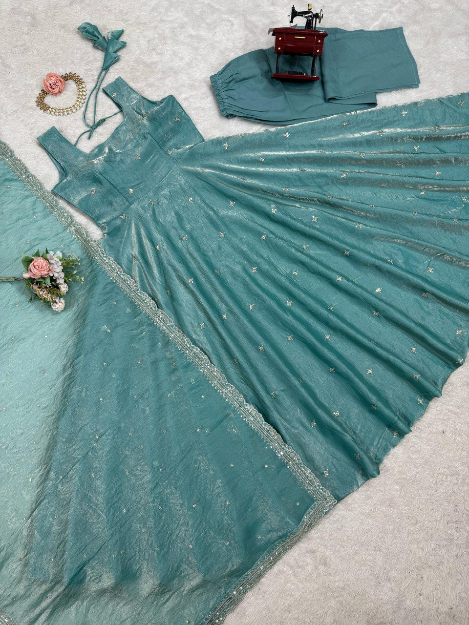 Stylish Cyan Fendy Silk Thread Sequins Worked Anarkali Pant Suit - ETHNICDEAL