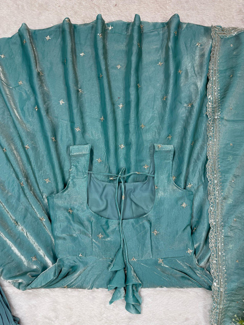 Stylish Cyan Fendy Silk Thread Sequins Worked Anarkali Pant Suit - ETHNICDEAL