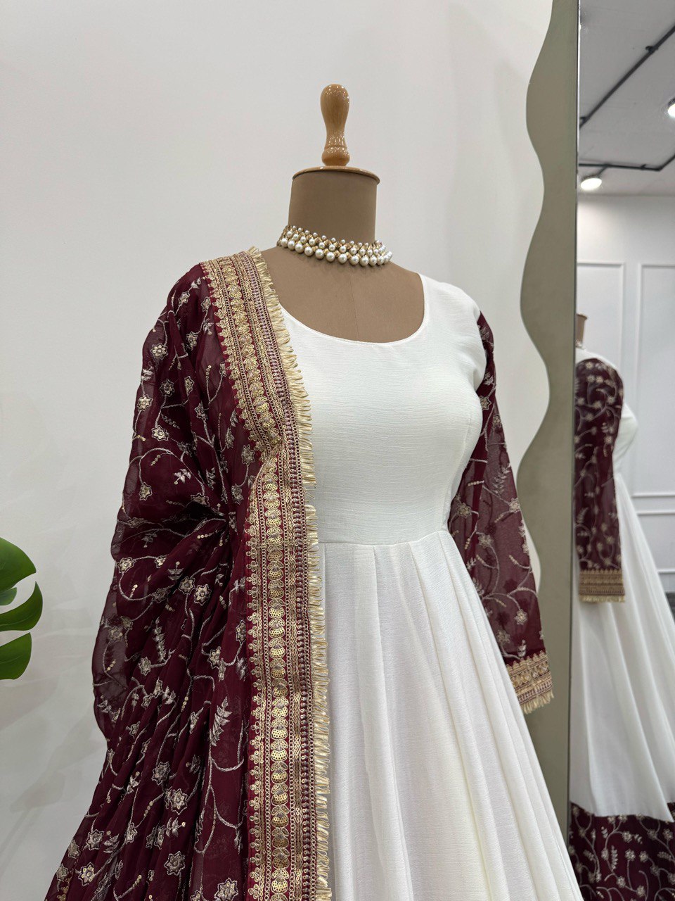 Exquisite White Chinon Silk Thread Sequins Worked Suit With Dupatta - ETHNICDEAL