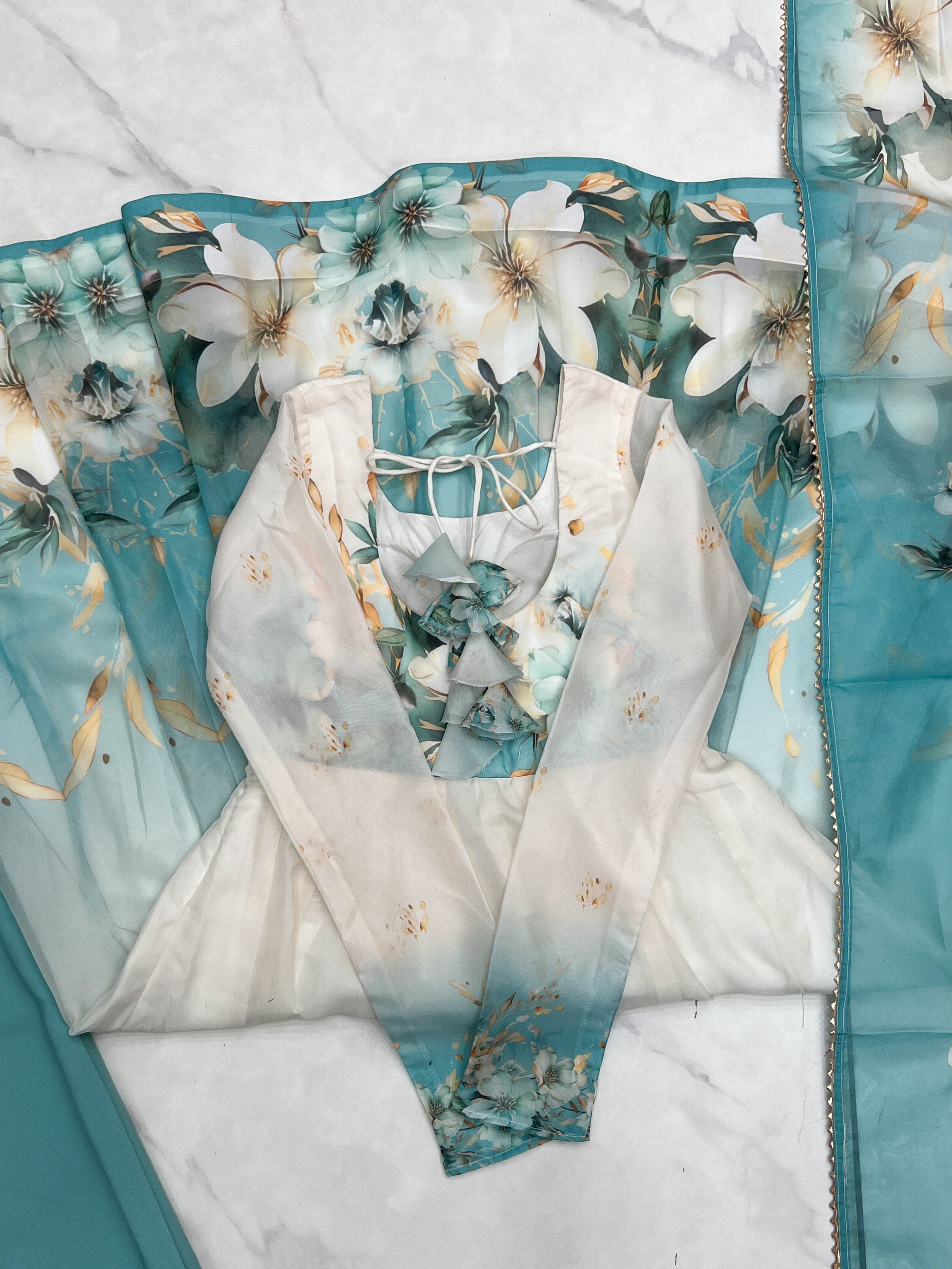 Aqua Blue Organza Anarkali Suit with Floral Print & Dupatta - ETHNICDEAL