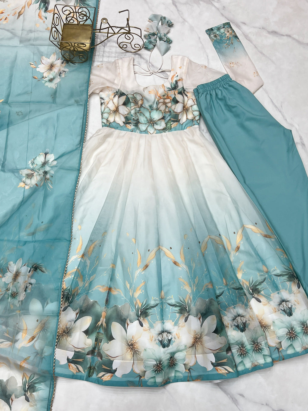 Aqua Blue Organza Anarkali Suit with Floral Print & Dupatta - ETHNICDEAL