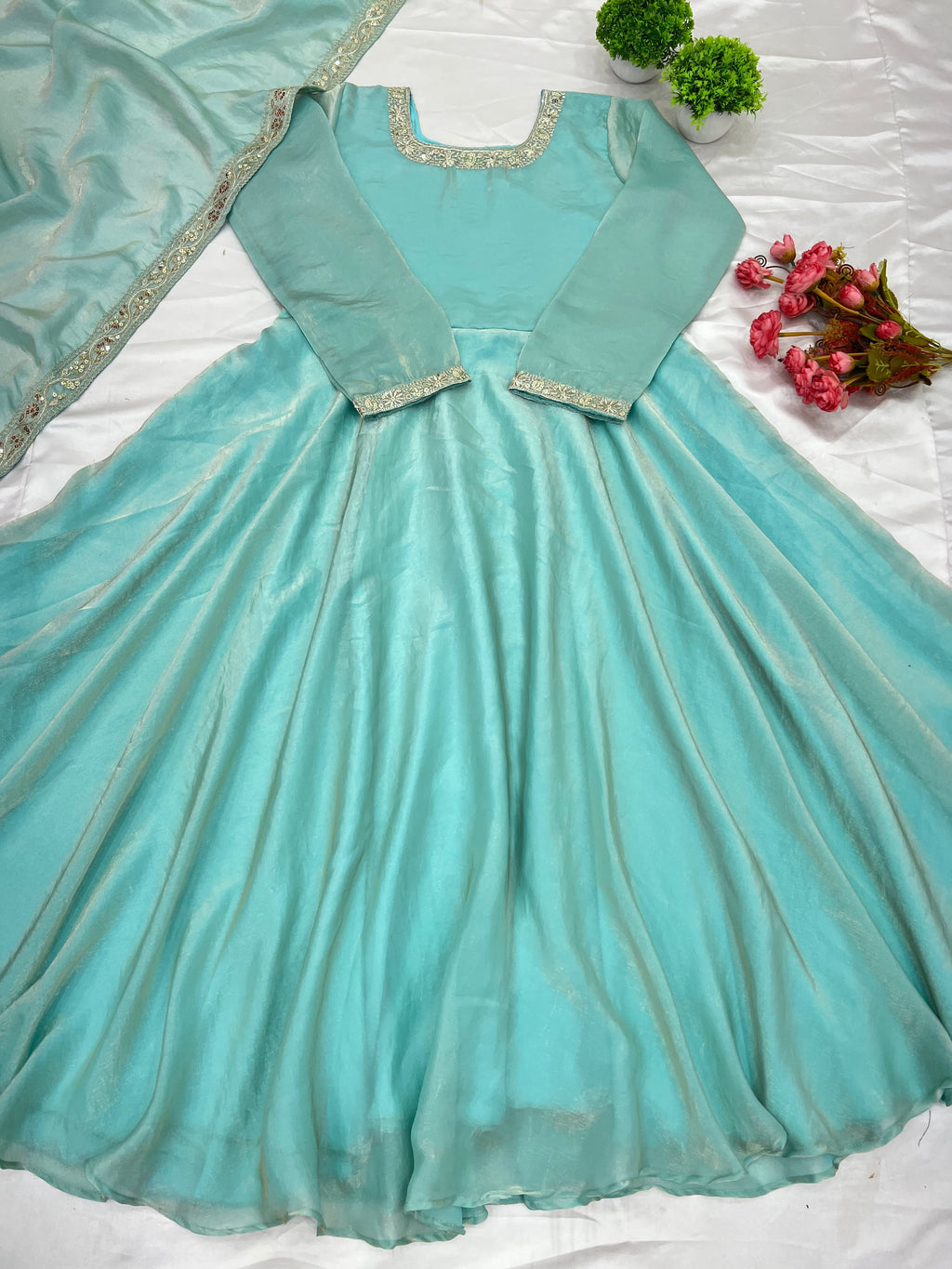 Gorgeous Fendi Silk Sequins Embroidered Fully Stitched Anarkali With Dupatta - ETHNICDEAL