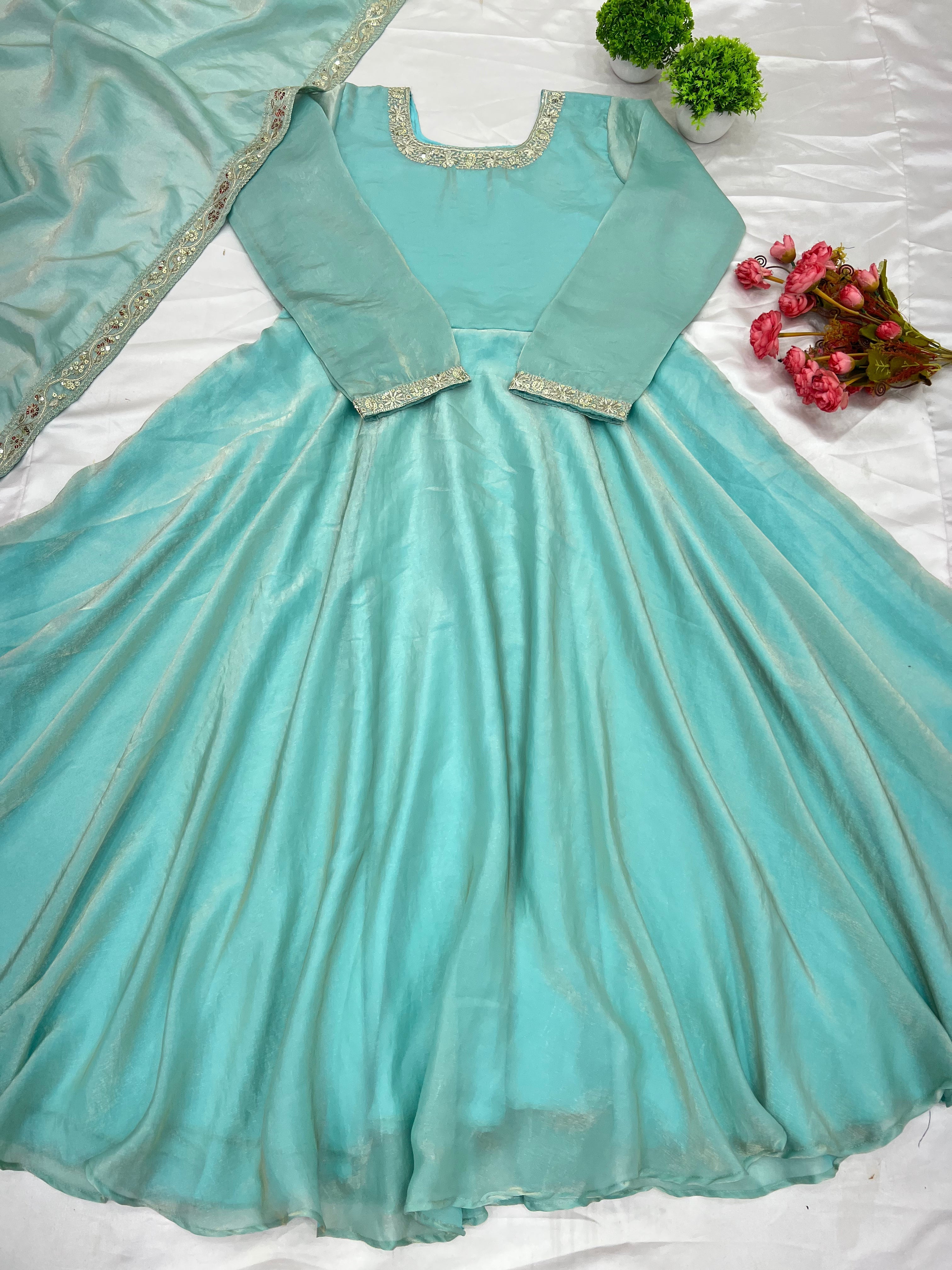 Gorgeous Fendi Silk Sequins Embroidered Fully Stitched Anarkali With Dupatta - ETHNICDEAL