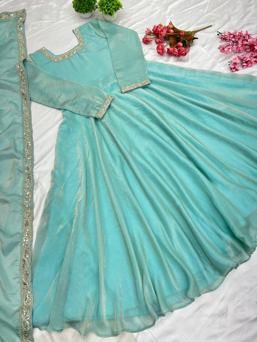 Gorgeous Fendi Silk Sequins Embroidered Fully Stitched Anarkali With Dupatta - ETHNICDEAL