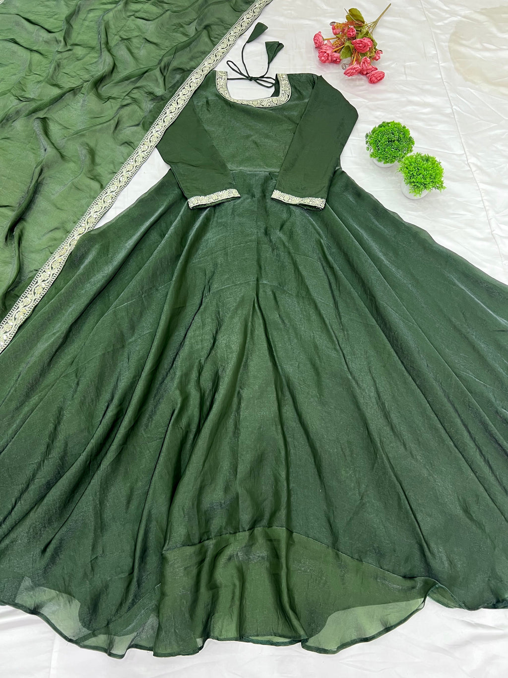 Gorgeous Fendi Silk Sequins Embroidered Fully Stitched Anarkali With Dupatta - ETHNICDEAL