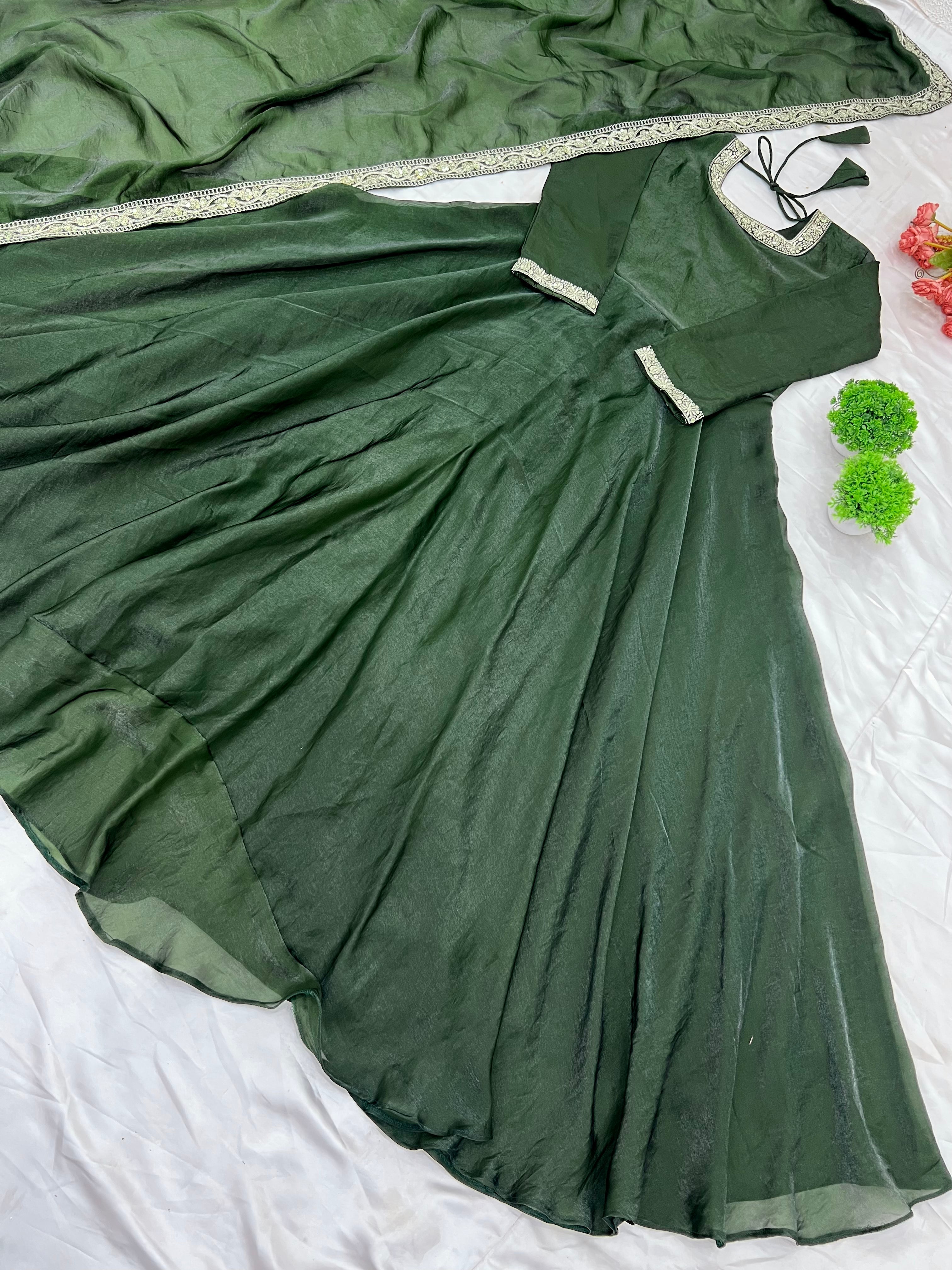 Gorgeous Fendi Silk Sequins Embroidered Fully Stitched Anarkali With Dupatta - ETHNICDEAL