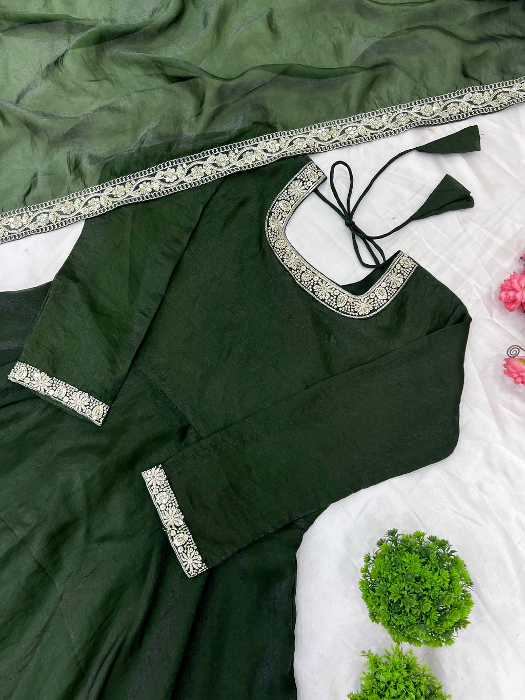 Gorgeous Fendi Silk Sequins Embroidered Fully Stitched Anarkali With Dupatta - ETHNICDEAL