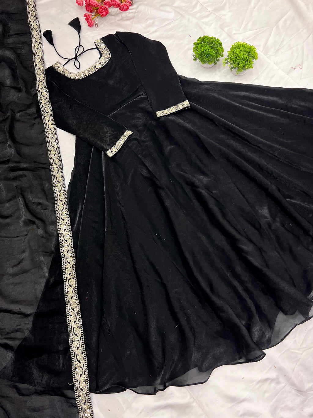 Gorgeous Fendi Silk Sequins Embroidered Fully Stitched Anarkali With Dupatta - ETHNICDEAL