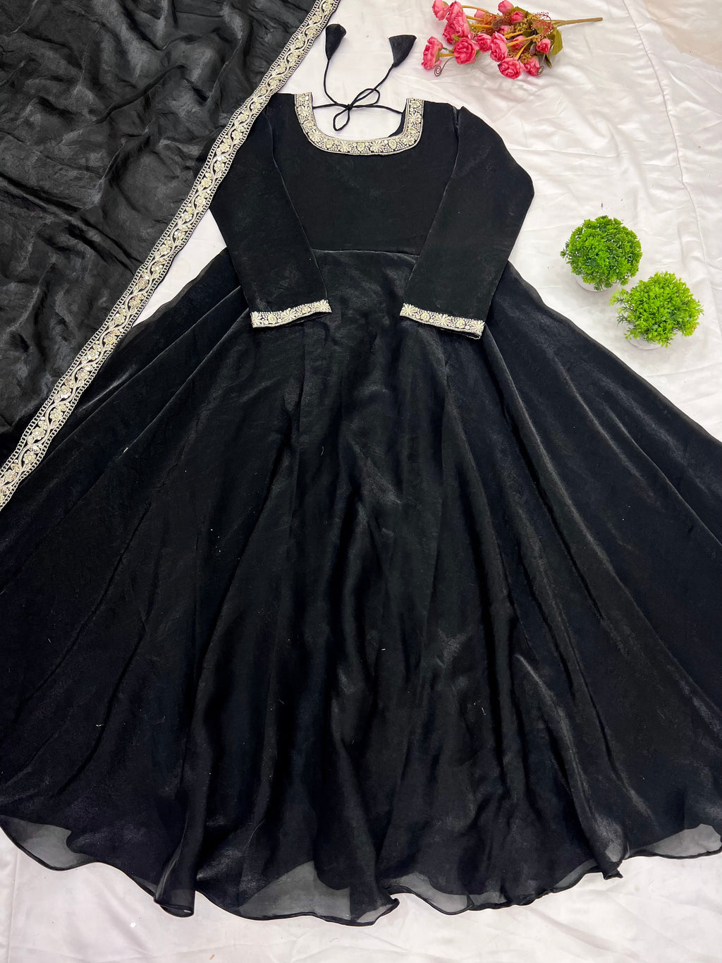 Gorgeous Fendi Silk Sequins Embroidered Fully Stitched Anarkali With Dupatta - ETHNICDEAL