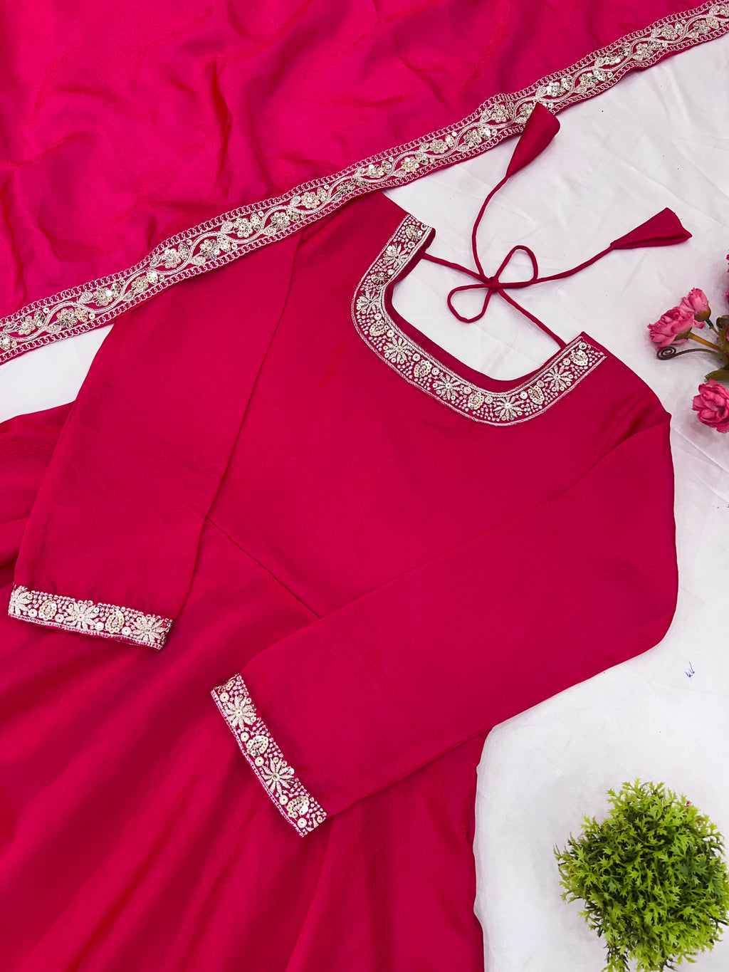 Gorgeous Fendi Silk Sequins Embroidered Fully Stitched Anarkali With Dupatta - ETHNICDEAL