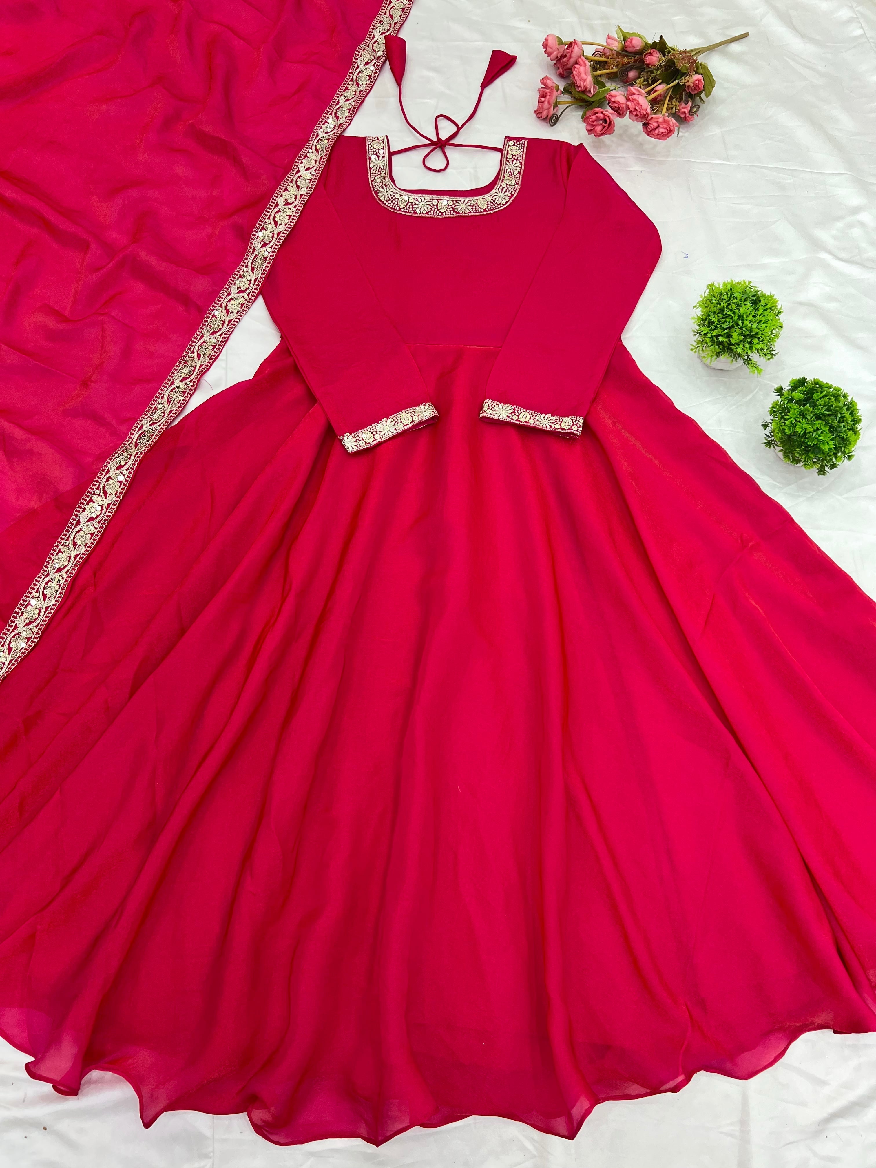 Gorgeous Fendi Silk Sequins Embroidered Fully Stitched Anarkali With Dupatta - ETHNICDEAL