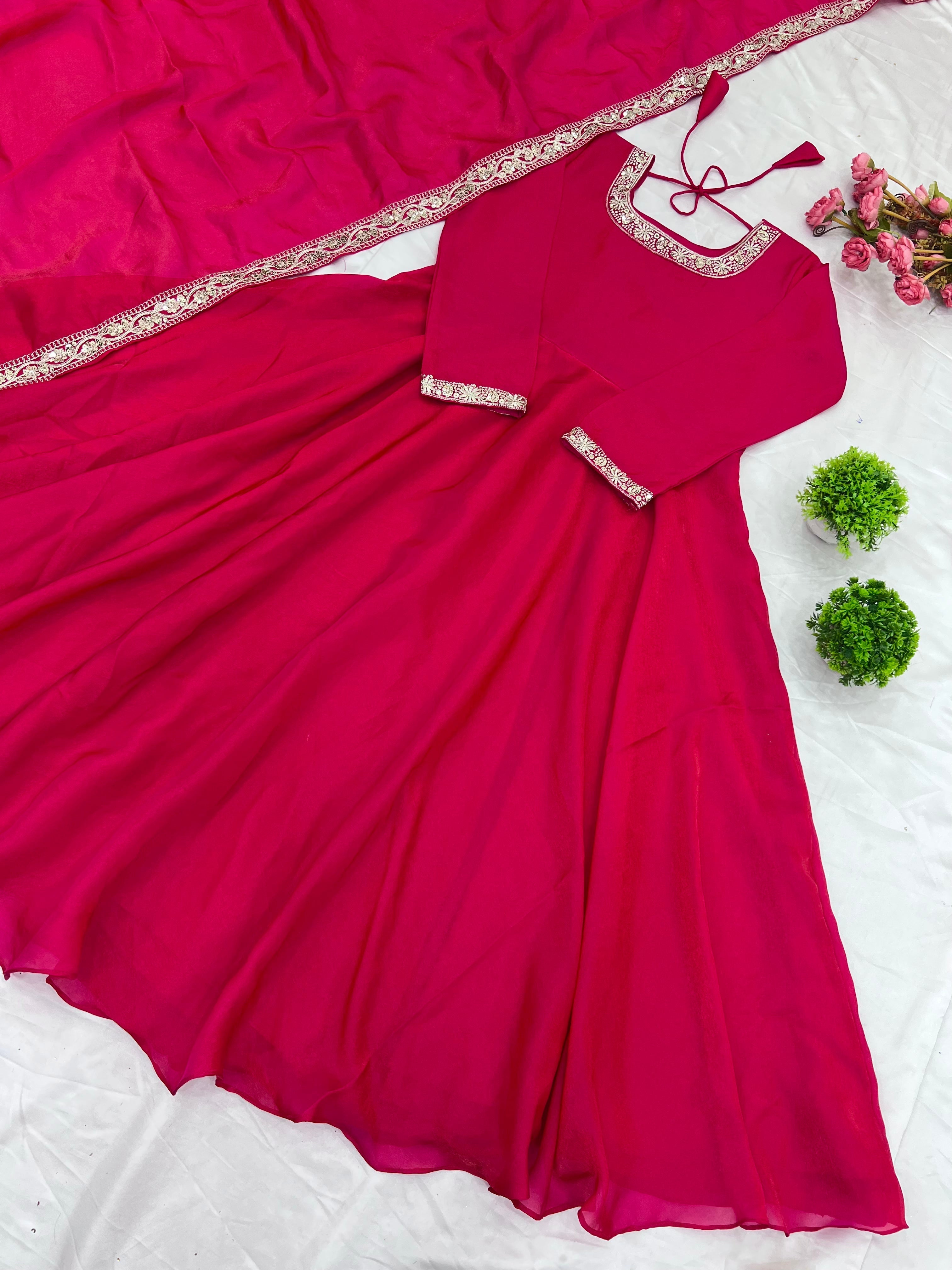 Gorgeous Fendi Silk Sequins Embroidered Fully Stitched Anarkali With Dupatta - ETHNICDEAL