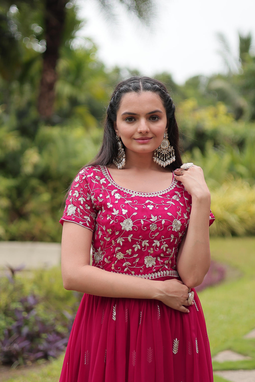 Graceful Faux Georgette Sequins Zari Worked Gown With Dupatta - Ethnicwish