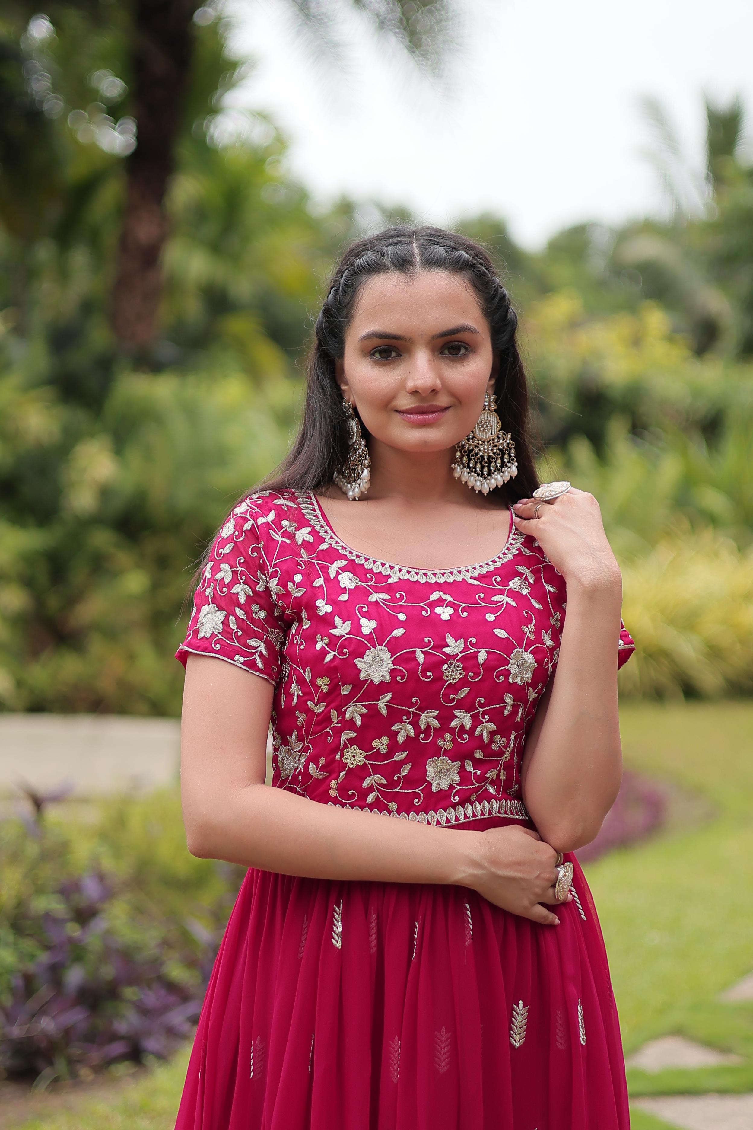 Graceful Faux Georgette Sequins Zari Worked Gown With Dupatta - Ethnicwish