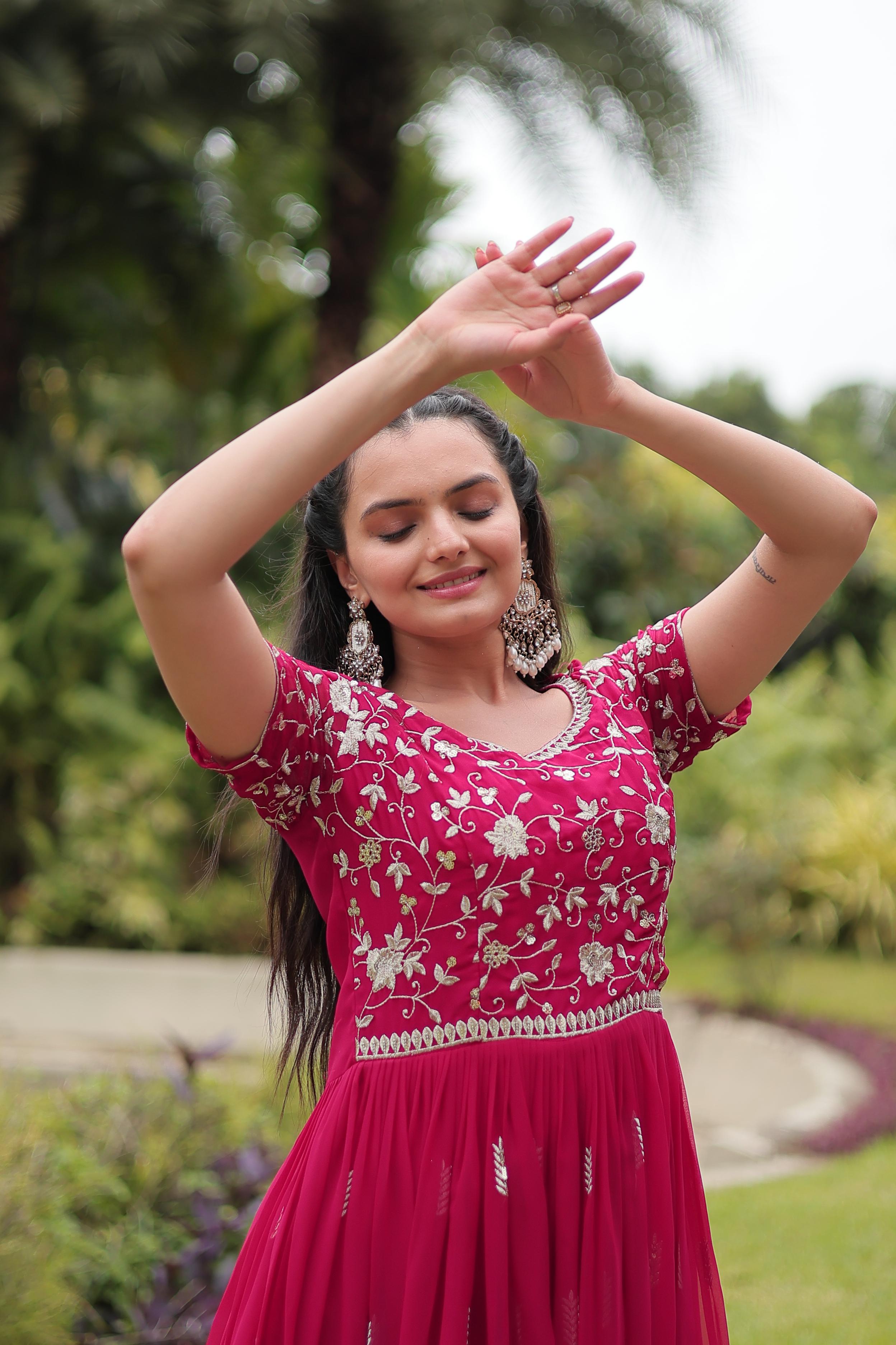 Graceful Faux Georgette Sequins Zari Worked Gown With Dupatta - Ethnicwish