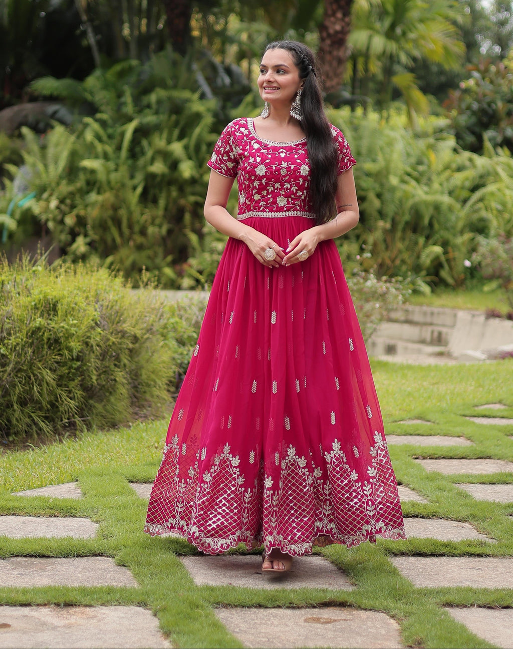 Graceful Faux Georgette Sequins Zari Worked Gown With Dupatta - Ethnicwish