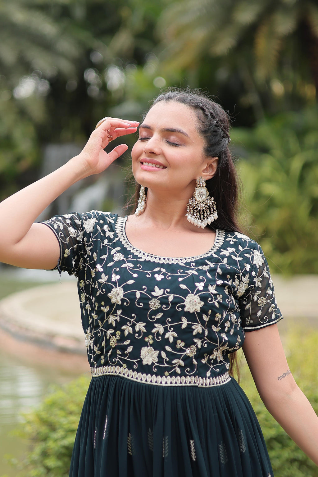 Graceful Faux Georgette Sequins Zari Worked Gown With Dupatta - Ethnicwish