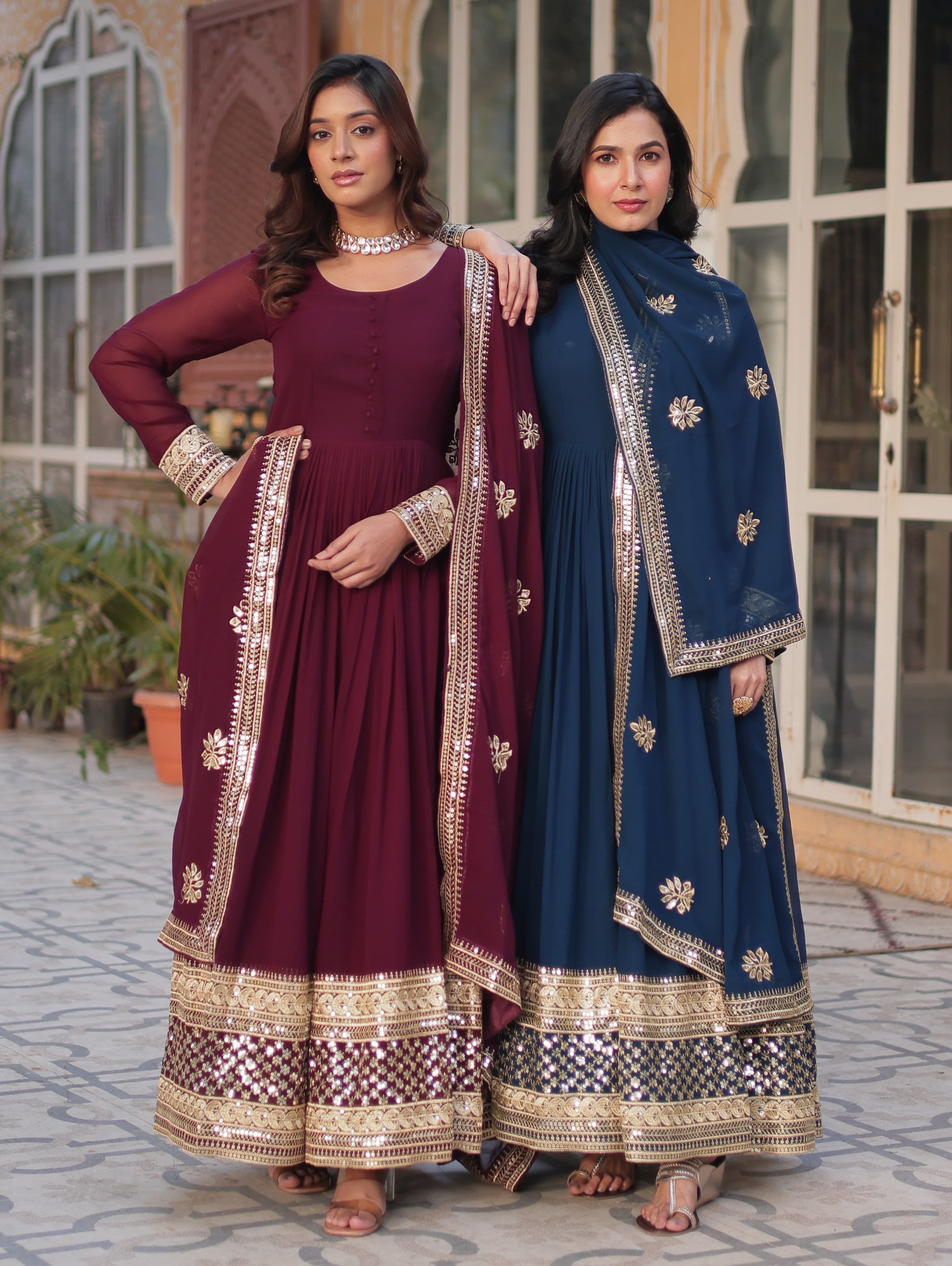 Exquisite Faux Georgette Intricate Zari Sequins Worked Gown With Dupatta - Ethnicwish