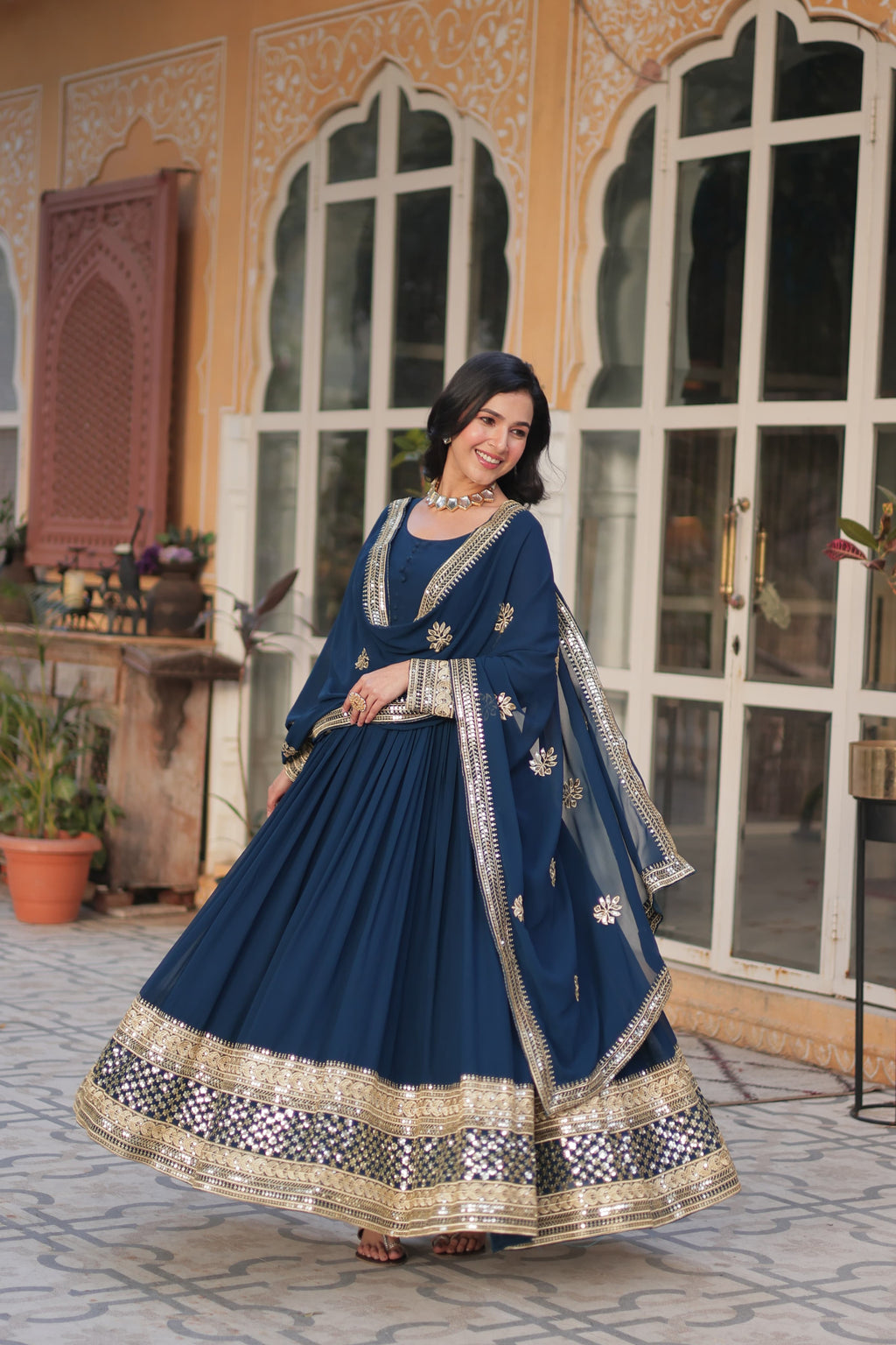 Exquisite Faux Georgette Intricate Zari Sequins Worked Gown With Dupatta - Ethnicwish