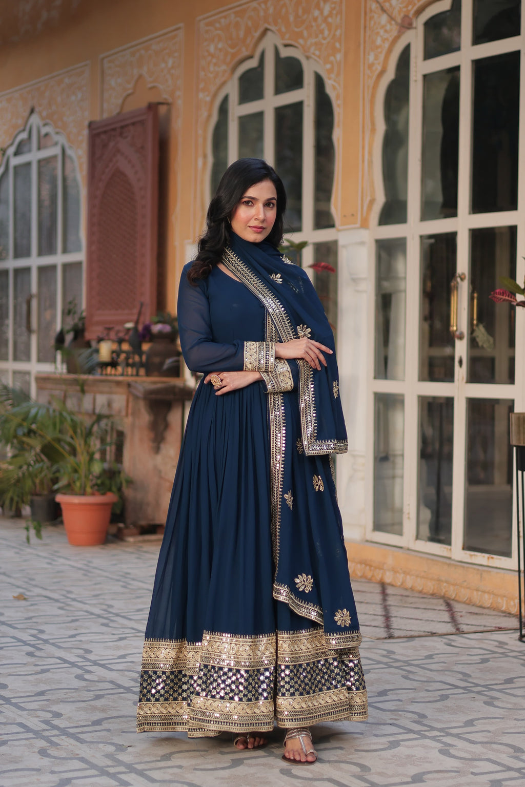 Exquisite Faux Georgette Intricate Zari Sequins Worked Gown With Dupatta - Ethnicwish