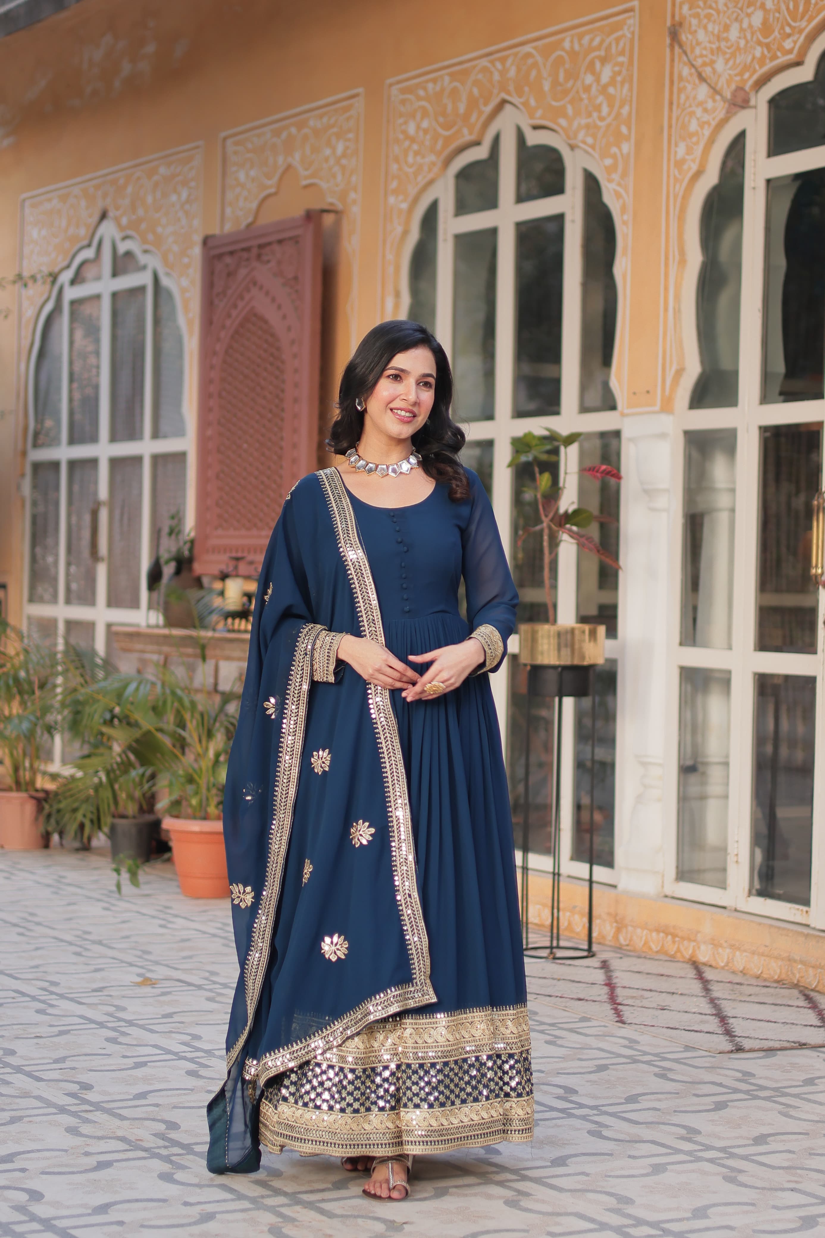 Exquisite Faux Georgette Intricate Zari Sequins Worked Gown With Dupatta - Ethnicwish