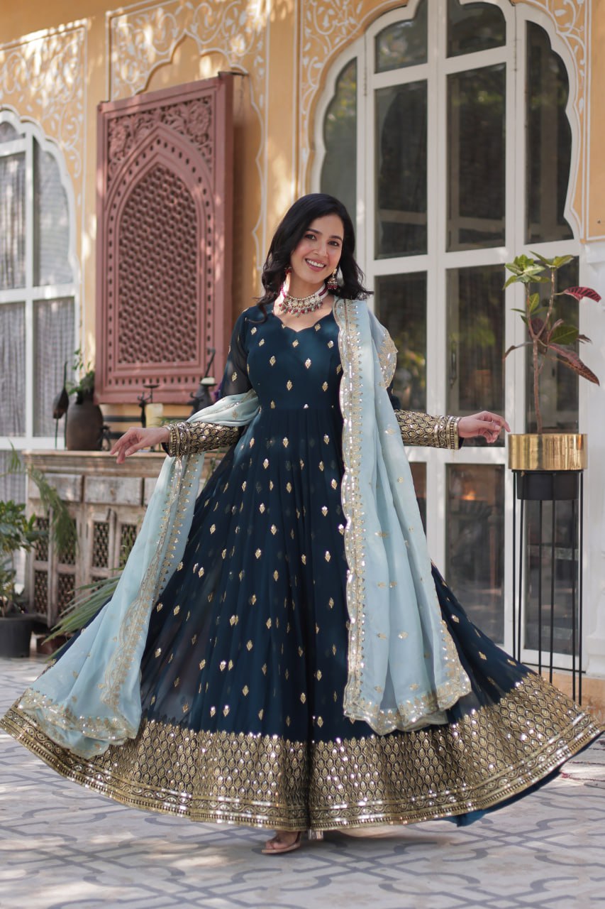 Magnificent Teal Blue Faux Georgette Zari Sequins Worked Gown With Dupatta - Ethnicwish