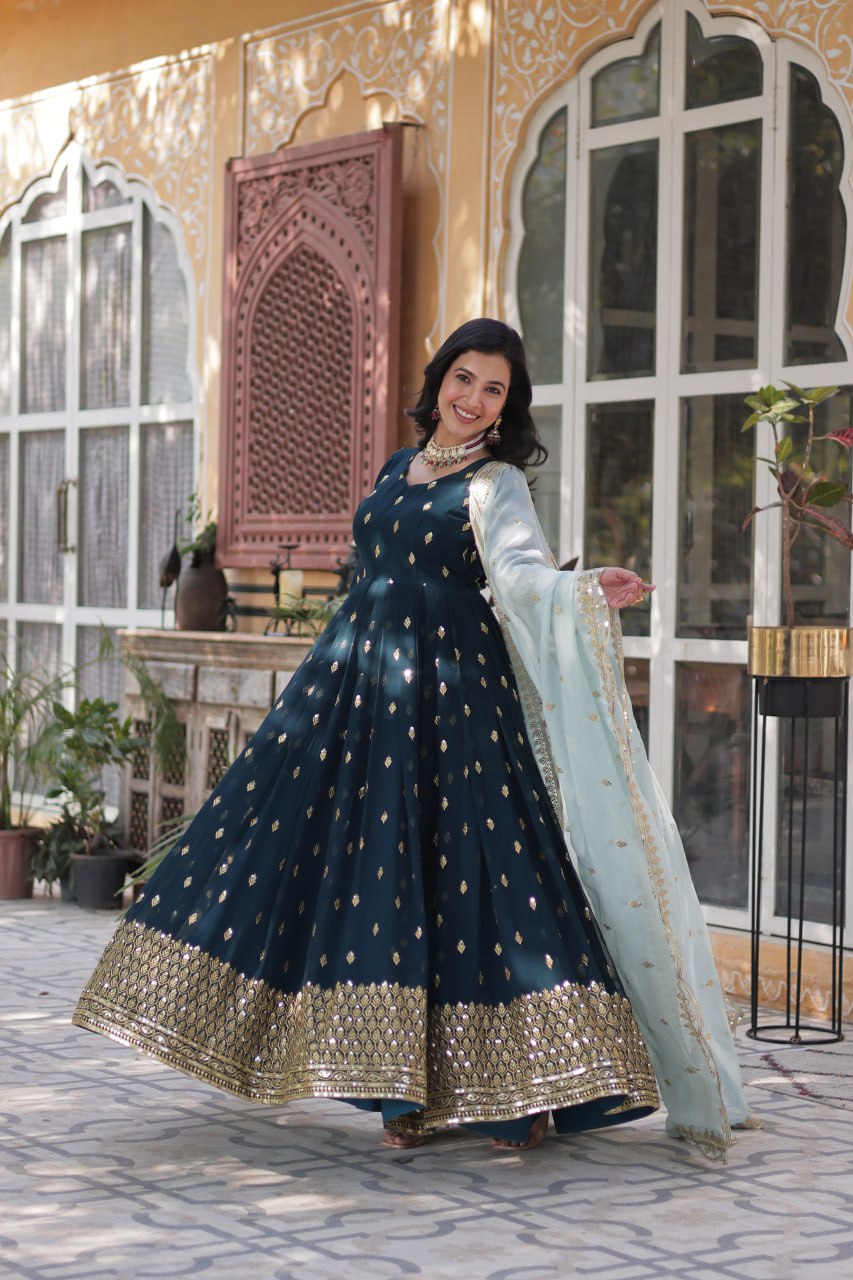 Magnificent Teal Blue Faux Georgette Zari Sequins Worked Gown With Dupatta - Ethnicwish