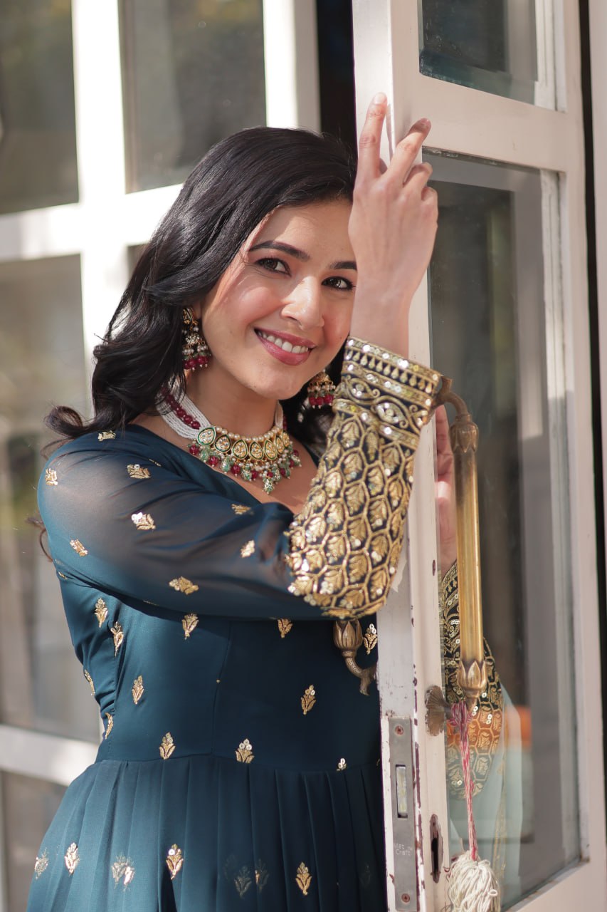 Magnificent Teal Blue Faux Georgette Zari Sequins Worked Gown With Dupatta - Ethnicwish