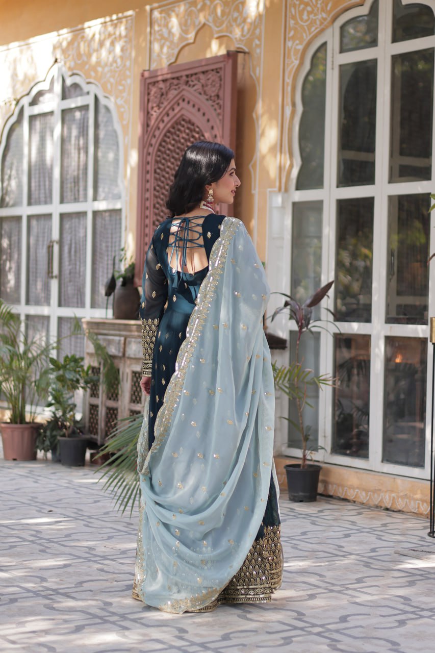 Magnificent Teal Blue Faux Georgette Zari Sequins Worked Gown With Dupatta - Ethnicwish