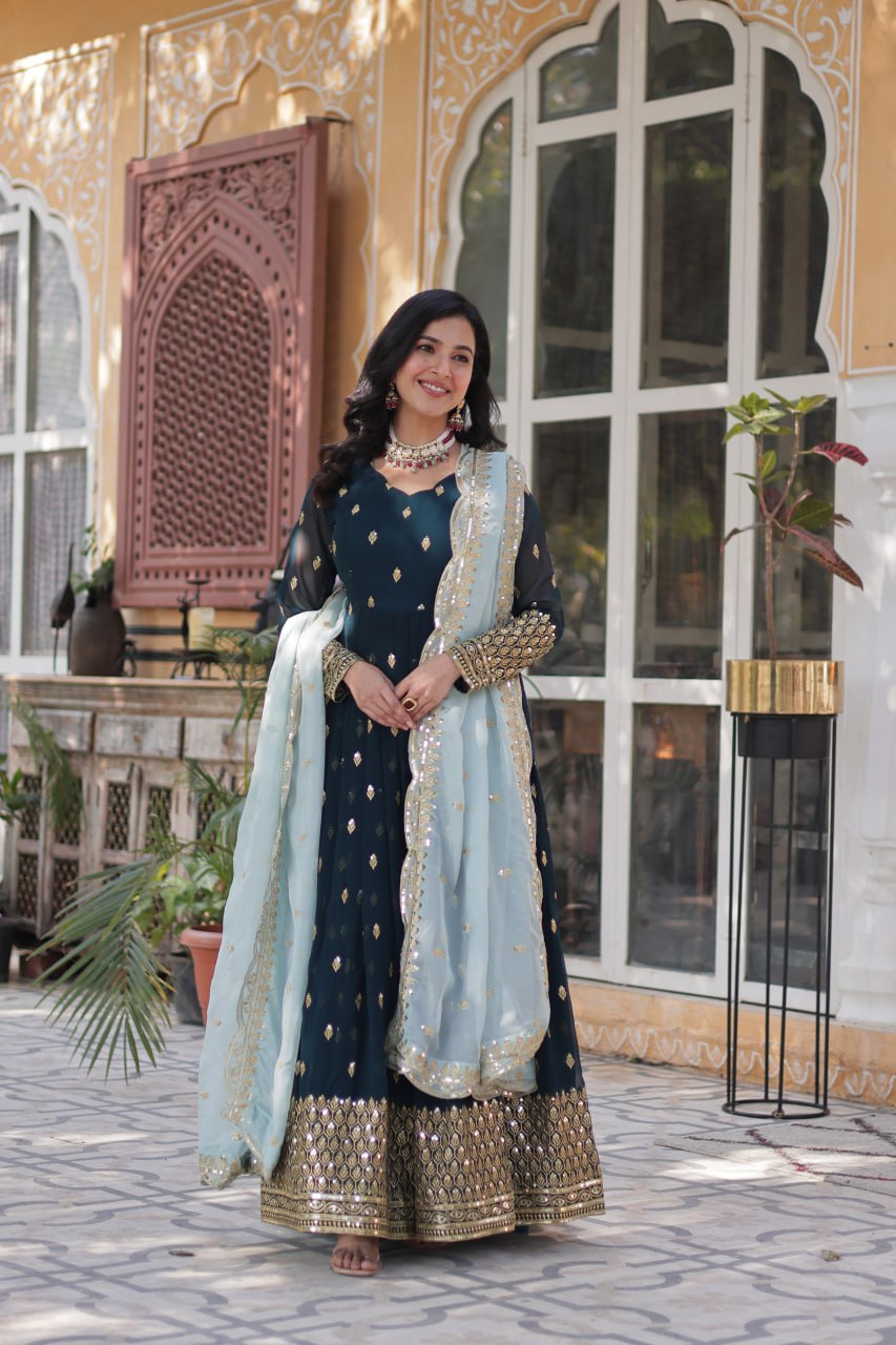Magnificent Teal Blue Faux Georgette Zari Sequins Worked Gown With Dupatta - Ethnicwish
