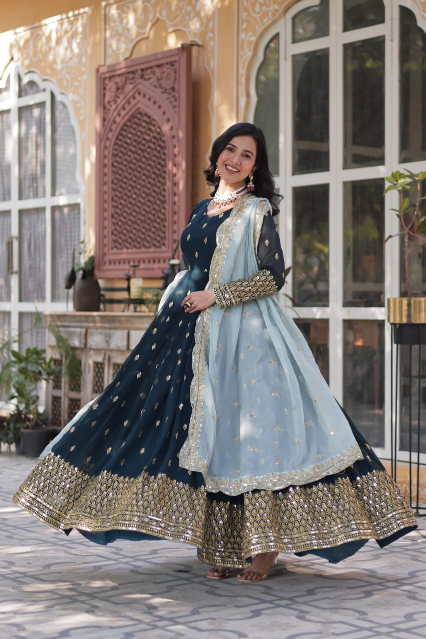 Magnificent Teal Blue Faux Georgette Zari Sequins Worked Gown With Dupatta - Ethnicwish