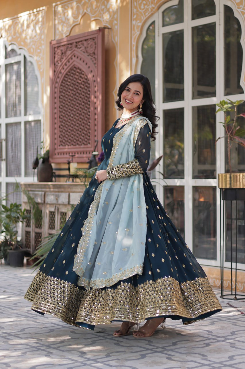 Magnificent Teal Blue Faux Georgette Zari Sequins Worked Gown With Dupatta - Ethnicwish