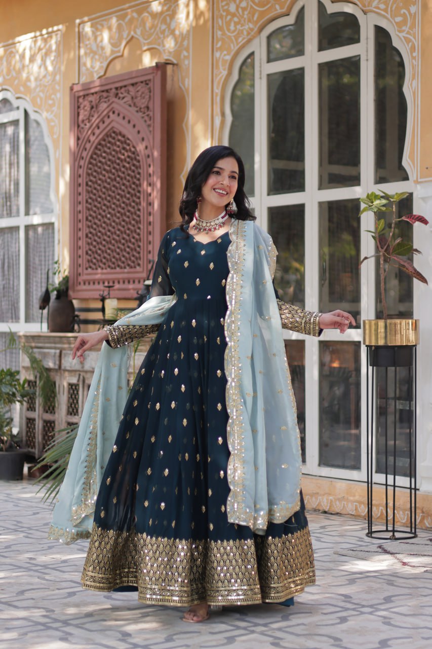 Magnificent Teal Blue Faux Georgette Zari Sequins Worked Gown With Dupatta - Ethnicwish