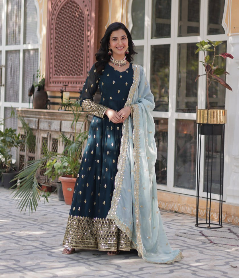 Magnificent Teal Blue Faux Georgette Zari Sequins Worked Gown With Dupatta - Ethnicwish