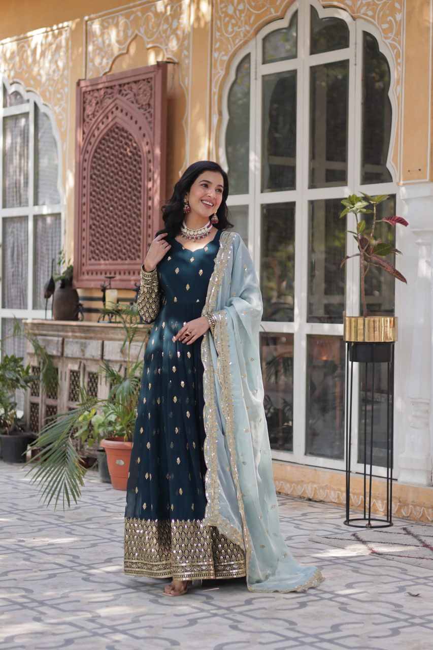Magnificent Teal Blue Faux Georgette Zari Sequins Worked Gown With Dupatta - Ethnicwish