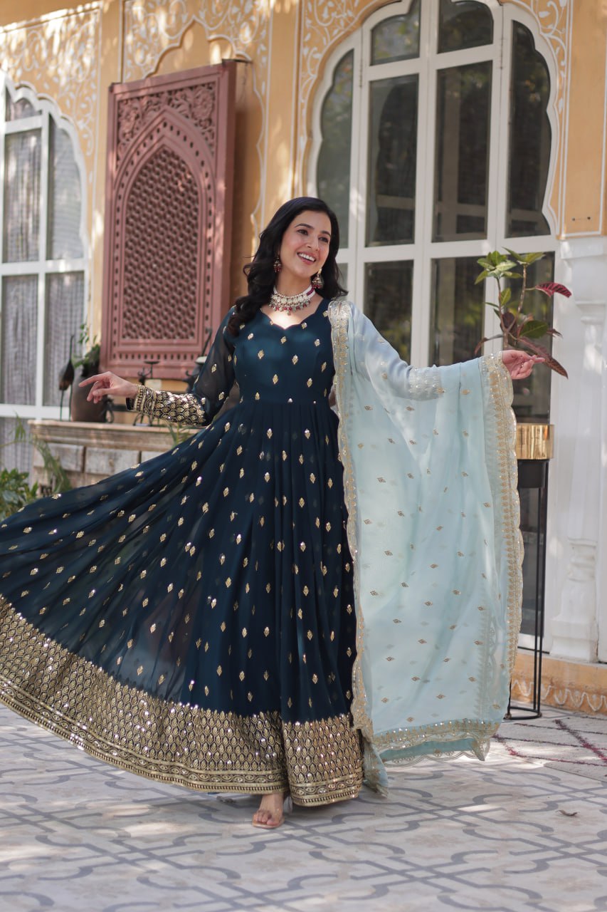 Magnificent Teal Blue Faux Georgette Zari Sequins Worked Gown With Dupatta - Ethnicwish