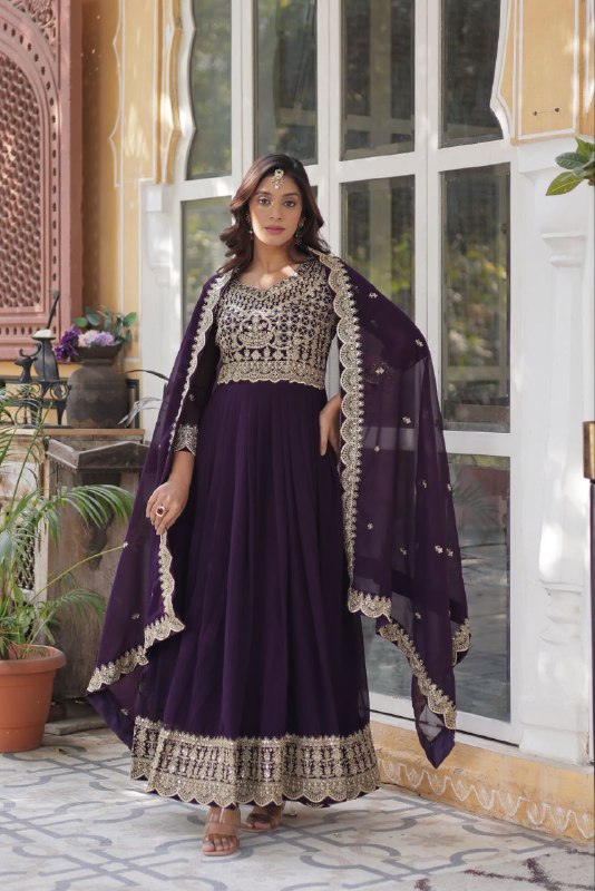 Alluring Intricate Zari Sequins Worked Faux Georgette Gown - Ethnicwish