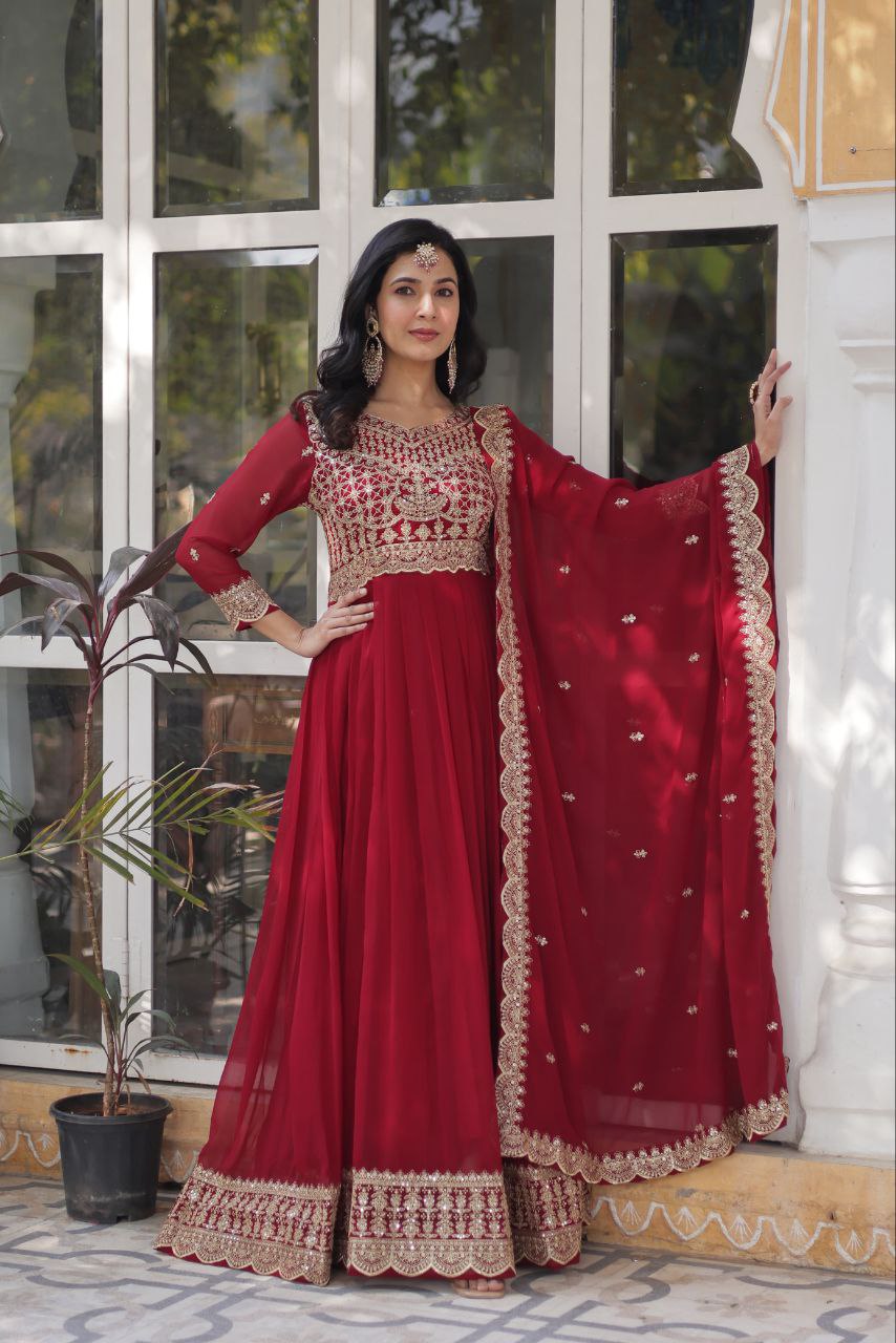 Alluring Intricate Zari Sequins Worked Faux Georgette Gown - Ethnicwish