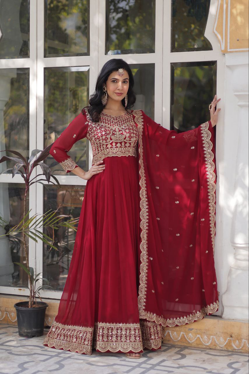 Alluring Intricate Zari Sequins Worked Faux Georgette Gown - Ethnicwish