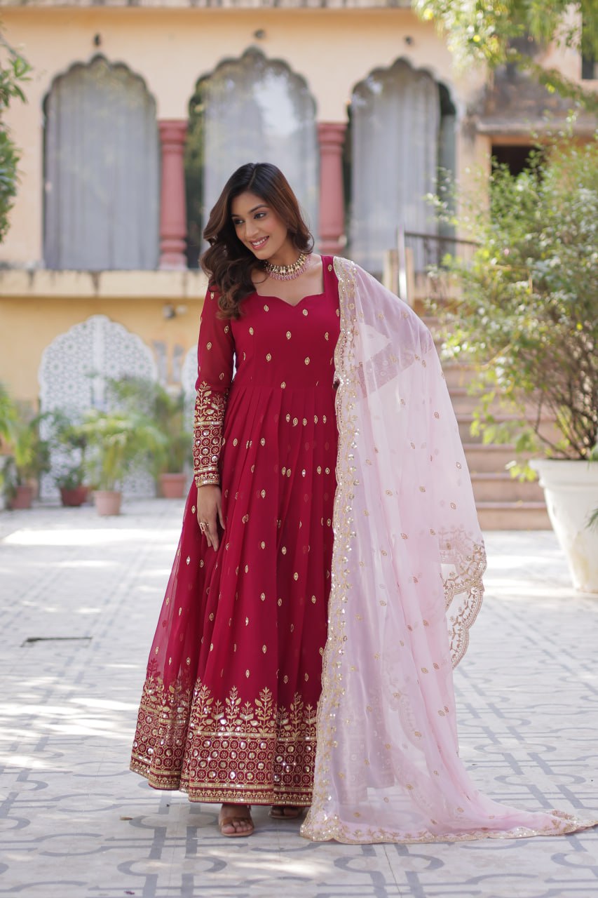 Lovely Maroon Faux Georgette Zari Sequins Worked Gown With Dupatta - Ethnicwish